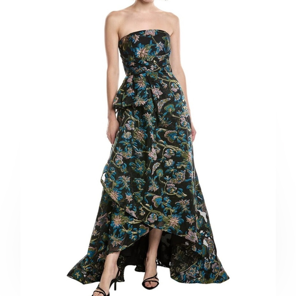 Theia Strapless Floral Jacquard Ball Gown - Black with Blue & Green Accents